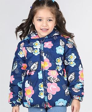 Babyhug Full Sleeves Hooded  Jacket with Floral Print - Blue