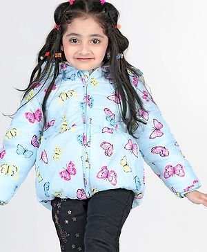Babyhug Full Sleeves Hooded Jacket with Butterfly Print - Sky Blue