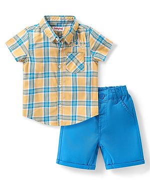 Babyhug 100% Cotton Knit Checkered Shirt & Shorts Set - Blue