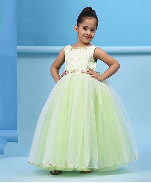 Toy Balloon Kids Sleeveless Dots Printed & Floral Applique Net Gown - Parrot Green