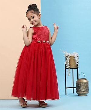 Toy Balloon Kids Sleeveless Floral Applique Net Gown - Maroon