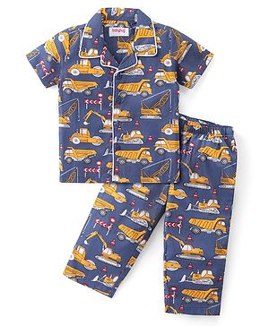 Babyhug Cotton Woven Half Sleeves Night Suit With Construction Vehicles Print - Blue