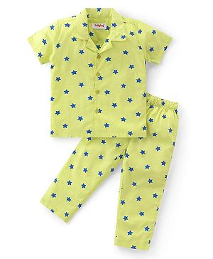 Babyhug Cotton Knit Half Sleeves Collar Neck Night Suit with Star Print - Green