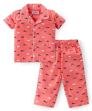 Babyhug Cotton Woven Half Sleeves Night Suit With Cars Print - Orange