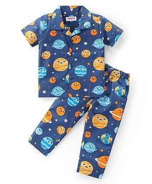 Babyhug Cotton Knit Half Sleeves Collar Neck Night Suit with Space Theme Print - Blue