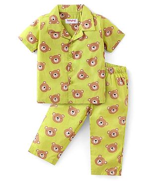 Babyhug Cotton Woven Half Sleeves Night Suit With Bear Print - Green