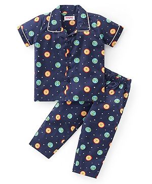 Babyhug Poplin Woven Half Sleeves Night Suit With Sun Print - Navy Blue
