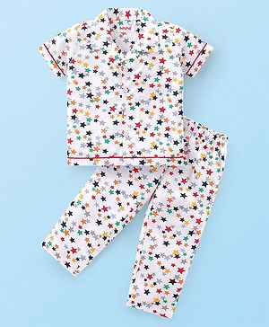Babyhug Poplin Woven Half Sleeves Night Suit With Star Print - White