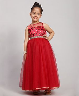 Toy Balloon Kids Sleeveless Sequin Floral Embellished Net Party Gown - Maroon