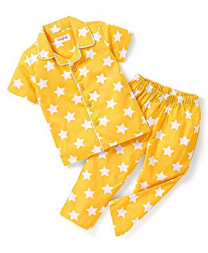 Babyhug Cotton Half Sleeves Night Suit With Stars Print - Yellow