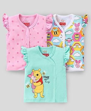 Babyhug Disney Cotton Knit Frill Sleeves Front Open Jhablas with Polka Dots & Winnie The Pooh Print Pack of 3  - Pink White & Green