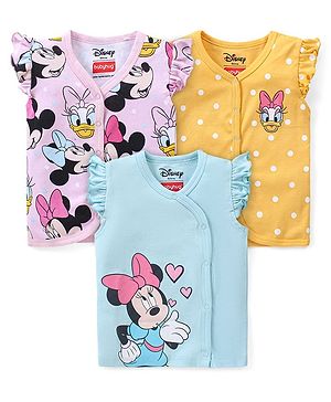 Babyhug Interlock Cotton Knit Frill Sleeves Front Open Jhablas With Minnie Mouse & Daisy Duck Graphics Pack of 3 - Pink Yellow & Blue