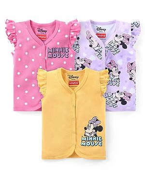 Babyhug Disney Interlock Knit Frill Sleeves Front Open Jhablas with Polka Dots &  Minnie Mouse Print Pack of 3 - Pink Yellow & Purple
