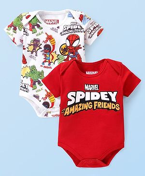 Babyhug Marvel Interlock Knit Half Sleeves Onesies With Spiderman Graphics Pack Of 2 - White & Red