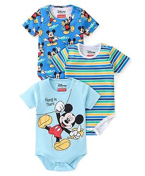 Babyhug Disney Cotton Knit Half Sleeves Onesies with Mickey Mouse Graphics Pack of 3 - Multicolour