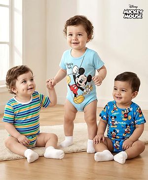 Babyhug Disney Cotton Knit Half Sleeves Onesies with Mickey Mouse Graphics Pack of 3 - Multicolour