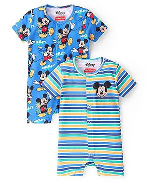 Babyhug Disney Interlock Knit Half Sleeves Rompers With Mickey Mouse Print Pack of 2 - Blue