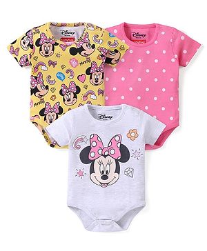 Babyhug Disney Interlock Knit Half Sleeves Onesies with Minnie Mouse Graphics Pack of 3- Multicolor