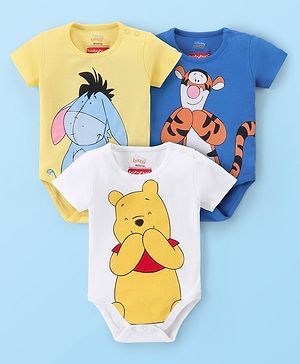 Babyhug Disney Cotton Knit Half Sleeves Onesies with Winnie The Pooh Graphics Pack of 3 - Multicolour