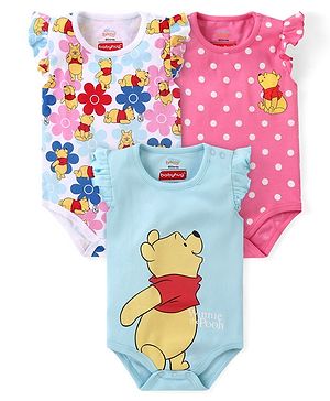 Babyhug Disney Cotton Knit Frill Sleeves Onesies with Winnie The Pooh Graphics Pack Of 3 - Multicolour