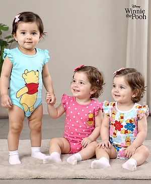 Babyhug Disney Cotton Knit Frill Sleeves Onesies with Winnie The Pooh Graphics Pack Of 3 - Multicolour