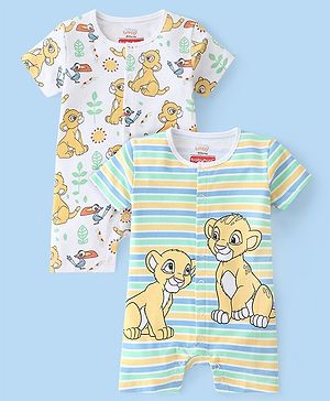 Babyhug Disney Cotton Knit Half Sleeves The Lion King Printed Rompers Pack of 2 - Multicolour
