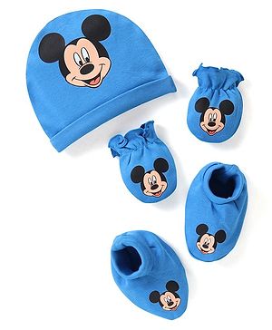 Babyhug Disney Cotton Cap Mittens & Booties Set With Mickey Mouse Graphics - Blue