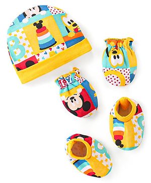 Babyhug Disney  Cap Mitten & Booties With Mickey Mouse All Over Print- Yellow