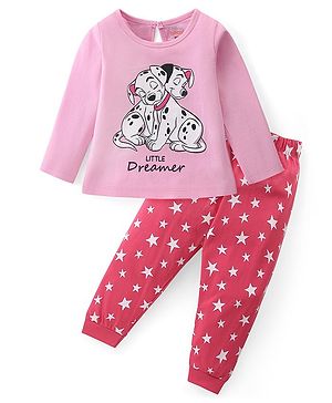 Babyhug Disney Cotton Knit Full Sleeves Night Suit With 101 Dalmatians Graphics - Pink