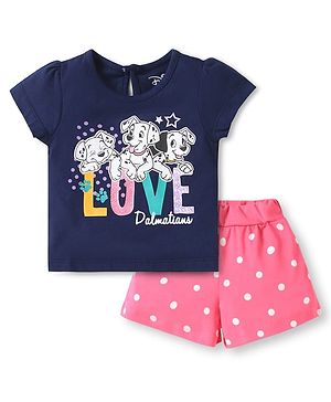 Babyhug Disney Single Jersey Knit Half Sleeves Shorts Night Suit with 101 Dalmatian Graphics - Navy Blue & Pink