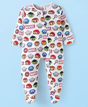 Babyhug Marvel Cotton Knit Full Sleeves Sleepsuit Avengers Print - White