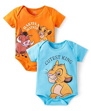 Babyhug Disney Interlock Knit Half Sleeves Onesies with The Lion King Print Pack of 2 - Light Blue & Orange