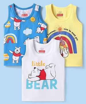 Babyhug Disney Single Jersey Knit Sleeveless Sandos With Winnie The Pooh Graphics Pack of 3 - Blue Yellow & White