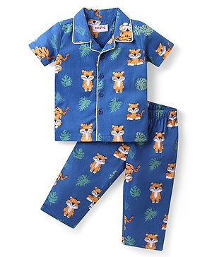 Babyhug Cotton Woven Half Sleeves Night Suit With Tiger Print - Navy