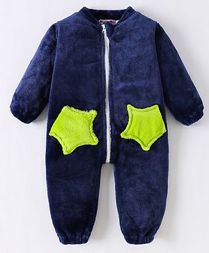 Kookie Kids Full Sleeves Winter Wear Romper with Star Designed Pocket Detailing - Navy Blue