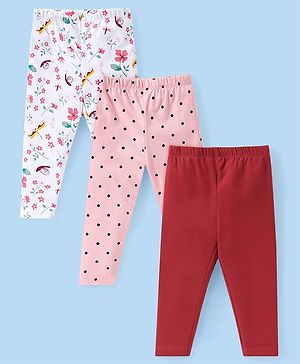 Babyhug Cotton Lycra Knit Full Length Leggings with Floral & Polka Dots Print Pack of 3 - Multicolor