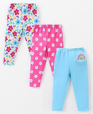 Babyhug Cotton Knit Full length Leggings with Floral Printed Pack of 3 - Multicolour