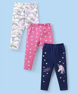 Babyhug Cotton Knit Full Length Leggings with Star &  Unicorn Print Pack of 3 - Multicolour