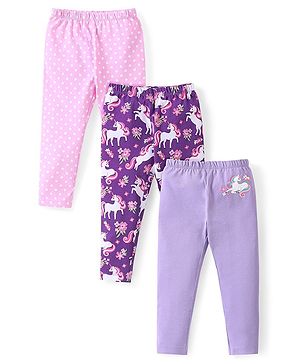Babyhug Cotton Knit Full Length Leggings with Polka Dots & Unicorn Print Pack of 3 - Multicolour