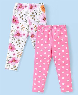 Babyhug Cotton Lycra Knit Full Length Leggings with Floral & Polka Dot Print Pack of  2 - Multicolour