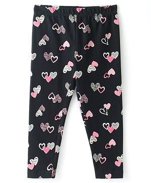 Babyhug Cotton Lycra Knit Full Length Leggings with Heart  Print  - Black