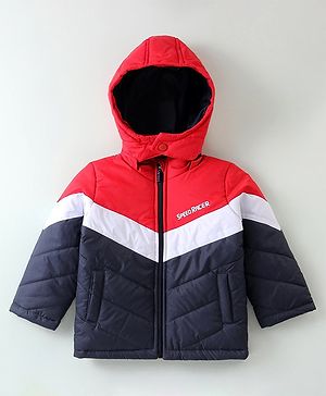 Babyhug Woven Full Sleeves Jacket with Removable Hoods - Red & Navy