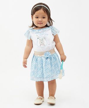 One Friday Frill Sleeves Fish Printed Cotton Top & Skirt Set - White