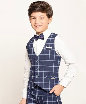 One Friday Sleeveless Checked  Waistcoat - Navy Blue