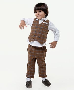 One Friday Full Sleeves Solid & Checked 3 Piece Party Suit Set - Brown