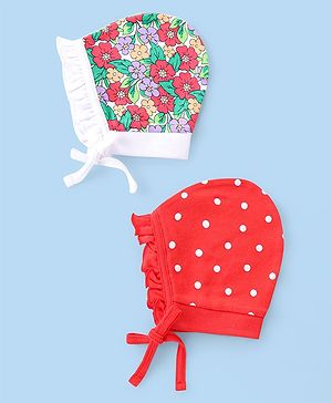 Babyhug 100% Cotton Knit Floral & Polka Dots Printed Caps with Knot Pack of 2 - Red & White