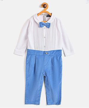 One Friday Full Sleeves Pleated Solid Corduroy Romper  - Blue