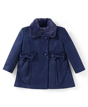 Babyhug Woven Full Sleeves Solid Colour Winter Overcoat With Bow Applique - Navy Blue