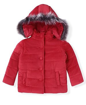 Babyhug Woven Full Sleeves Solid Padded Hooded Jacket - Red