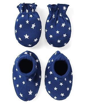 Babyhug 100% Cotton Mittens & Booties Set Star Print - Navy Blue